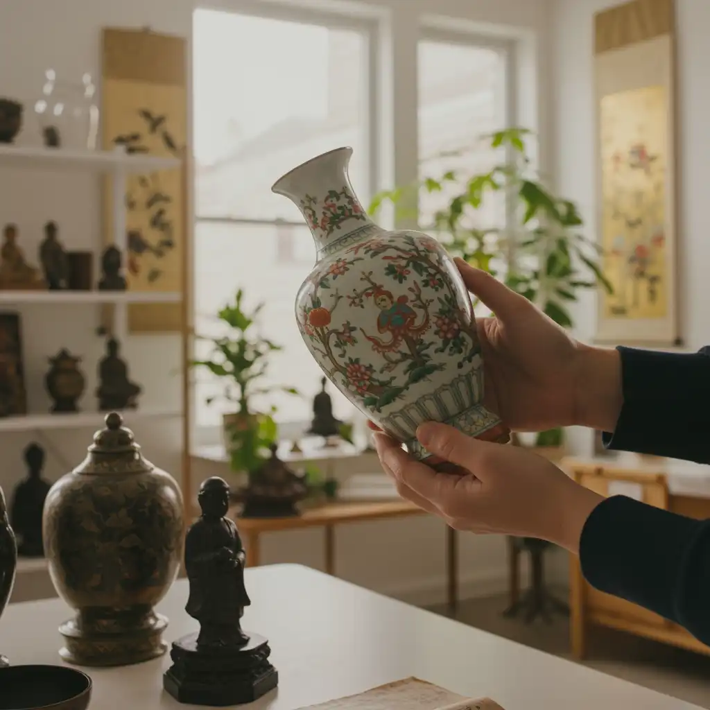 Experte bewertet antike asiatische Kunstobjekte in einem hellen Raum – kostenlose Wertschätzung und seriöser Ankauf bei CHECKMAL.