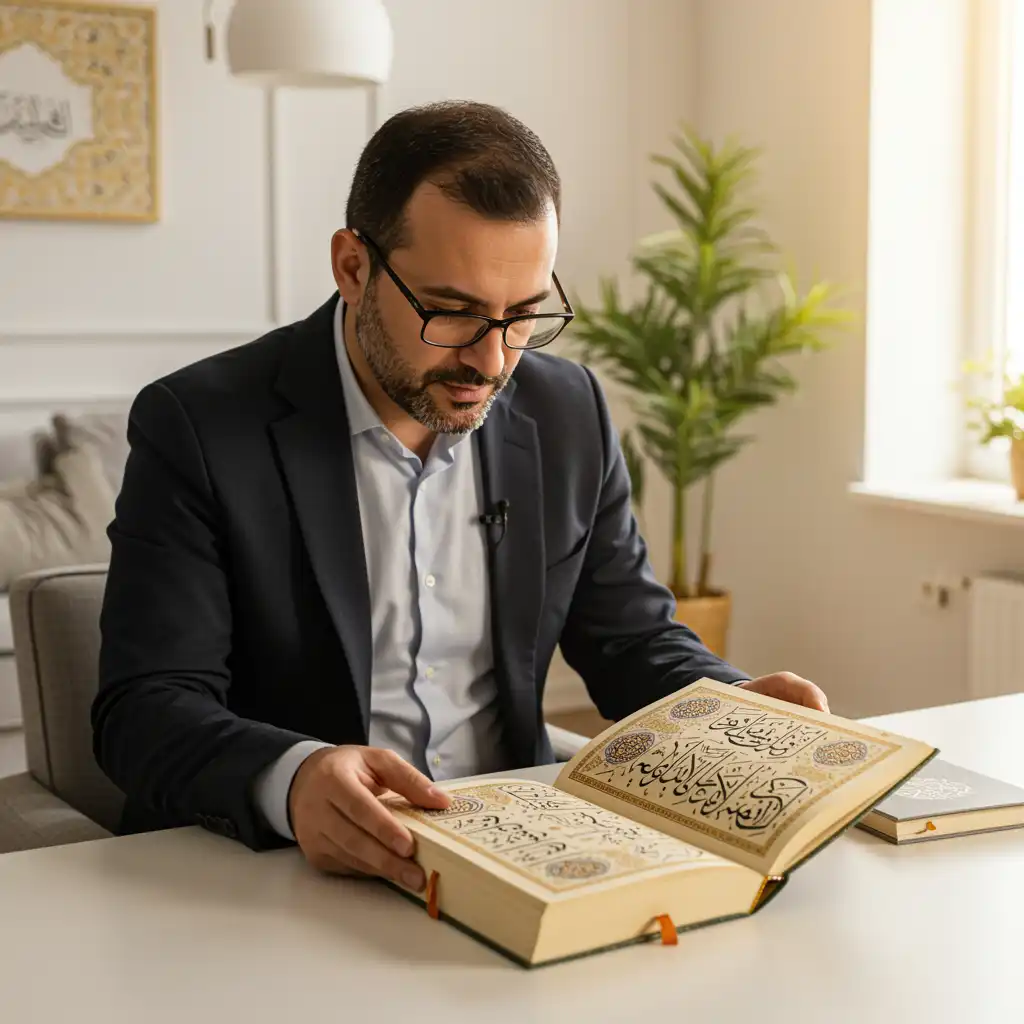Person betrachtet kunstvoll gestaltetes islamisches Buch mit Kalligrafie auf hellem Tisch, im Hintergrund modernes Interieur mit Pflanzen und Tageslicht